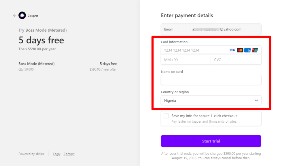 jasper boss mode trial payment details Jasper payment details page for Boss Mode trial with credit card form and Nigeria selected as country.