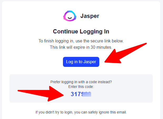 jasper email login verification code Jasper login email verification screen with "Log in to Jasper" button and security code field.