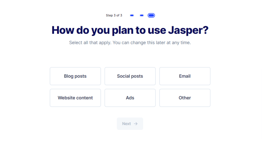jasper onboarding content selection Jasper AI onboarding screen showing various content use case options like blog posts, social posts, and ads.