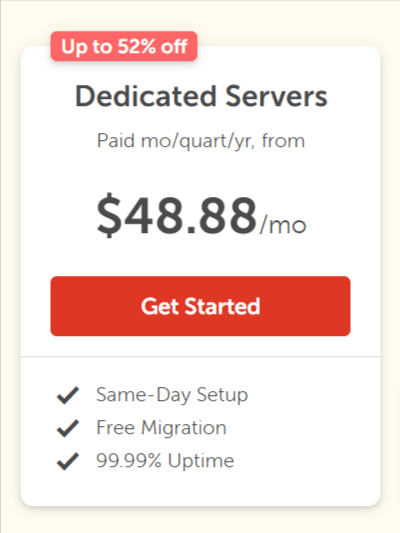 namecheap dedicated server hosting discount features Namecheap dedicated server plan overview featuring up to 52% off with same-day setup and free migration.