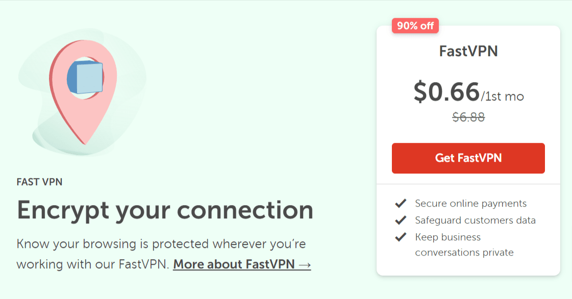 namecheap fastvpn plan discount Namecheap FastVPN plan promotional offer with a ninety percent discount for the first month.