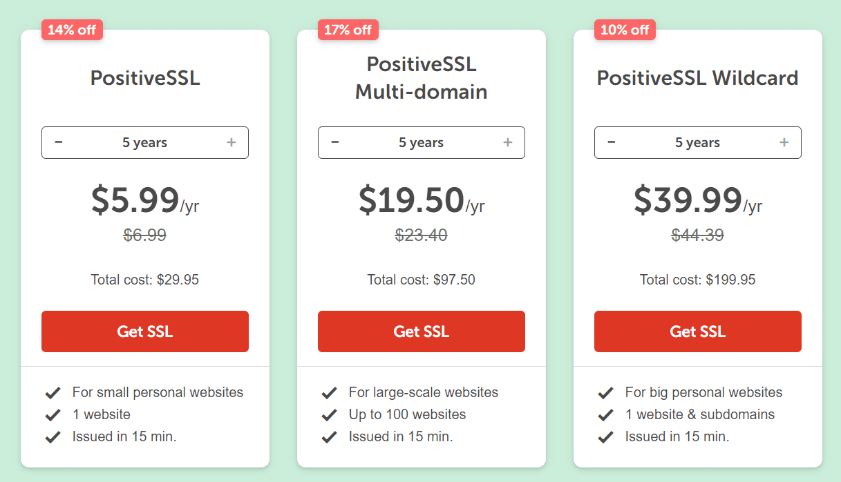 namecheap positivessl wildcard certificate plan comparison Namecheap PositiveSSL, Multi-domain, and Wildcard certificate plans featuring yearly discounts for personal and large-scale websites.