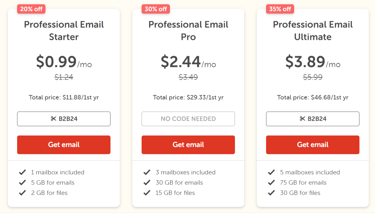 namecheap professional email hosting plans discounts Namecheap professional email plans for Starter, Pro, and Ultimate tiers featuring discounts up to 35% off.