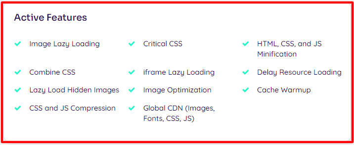 NitroPack active features dashboard including image lazy loading, critical CSS, minification, compression, and global CDN.