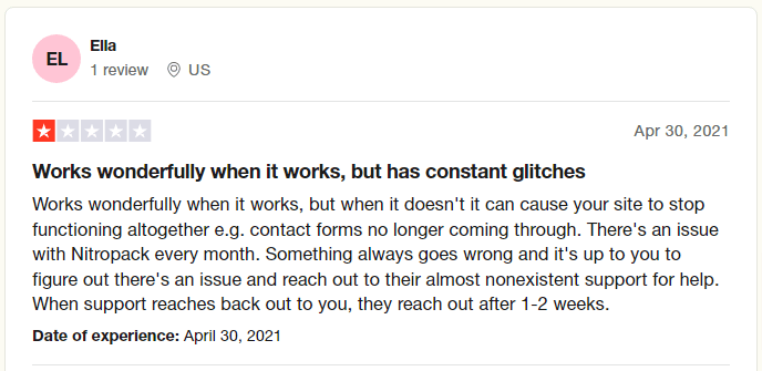 Trustpilot review for NitroPack by Ella expressing frustration over site glitches and slow customer support response times.