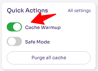 NitroPack quick actions menu showing an active cache warmup toggle and option to purge all cache.