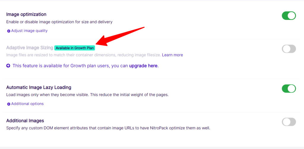 NitroPack settings dashboard for image optimization features  including adaptive sizing and automatic lazy loading.