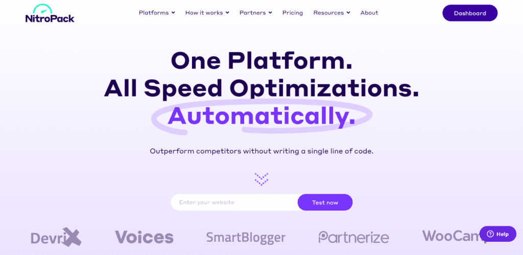 NitroPack homepage featuring the headline "One Platform. All Speed Optimizations. Automatically." with a website URL test field.
