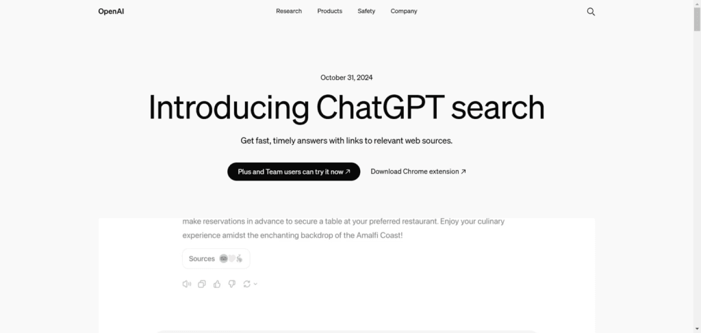 OpenAI announcement page titled "Introducing ChatGPT search" dated October 31, 2024, highlighting fast answers with links to web sources.