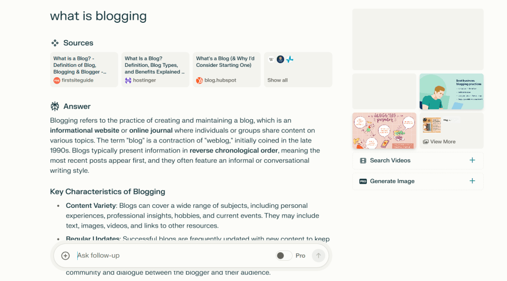 Perplexity AI search results for the query "what is blogging" displaying a detailed summary, cited sources, and key characteristics of blogging.