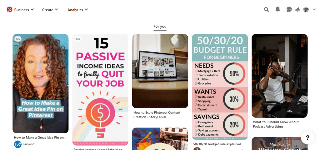 Pinterest home feed showing a variety of pins including a video tutorial, budget rule infographic, and podcasting advice.