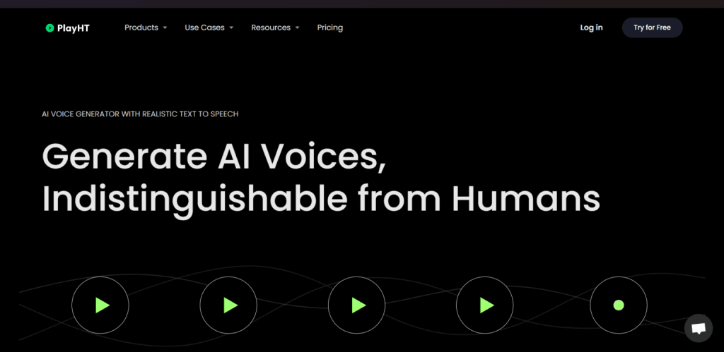 play ht ai voice generator text to speech PlayHT voice generator page showing text-to-speech features with human-like AI voices and audio play buttons.