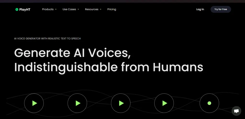 PlayHT voice generator page showing text-to-speech features with human-like AI voices and audio play buttons.