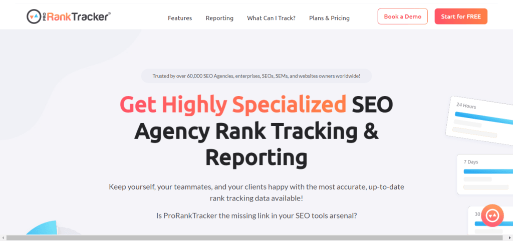 ProRankTracker homepage with specialized SEO agency rank tracking and reporting headline.