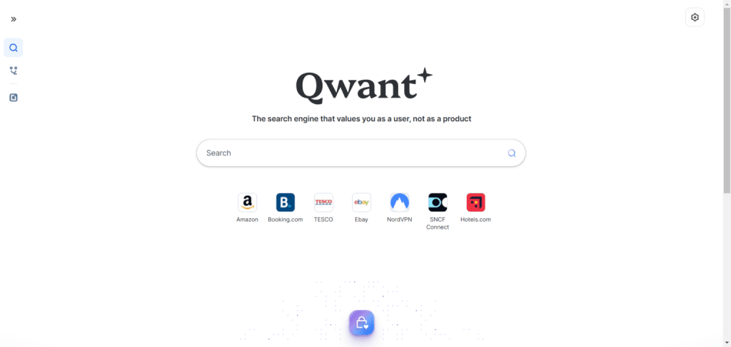 Qwant private search engine homepage featuring the slogan "The search engine that values you as a user, not as a product" and quick links to sites like Amazon, Booking.com, and eBay.
