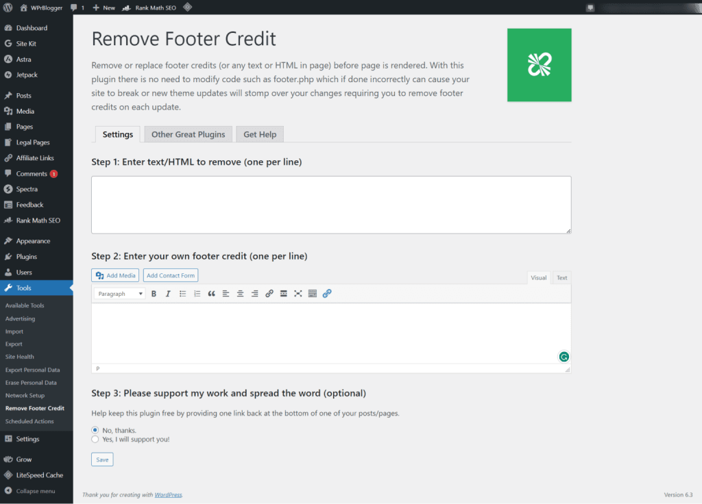 Remove Footer Credit plugin interface in WordPress dashboard with fields for entering text to remove and enter new footer content.
