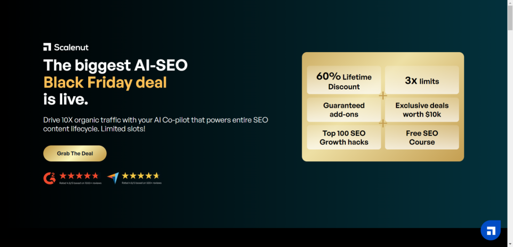 scalenut ai seo black friday lifetime deal - CyberNaira Scalenut Black Friday sale page showing a 60% lifetime discount with bonus features and a grab the deal button.