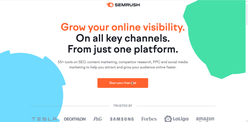 Semrush landing page featuring "Grow your online visibility" headline with an orange free trial button and brand logos.