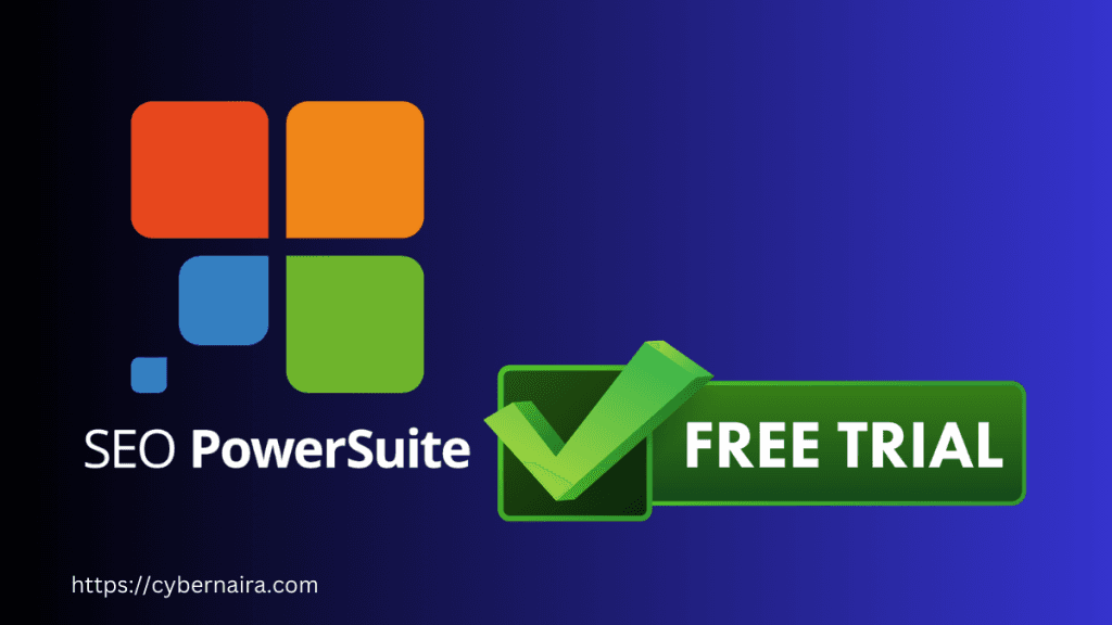 SEO PowerSuite promotion graphic with a colorful logo and a green free trial button.
