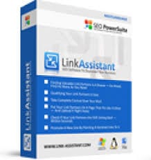 LinkAssistant product box showing link building partner search and outreach management features.