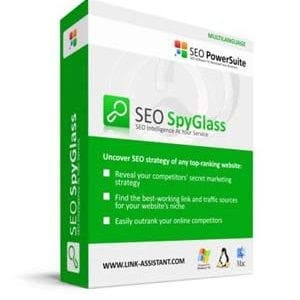 SEO SpyGlass product box highlighting backlink audit, competitor analysis, and link source discovery.