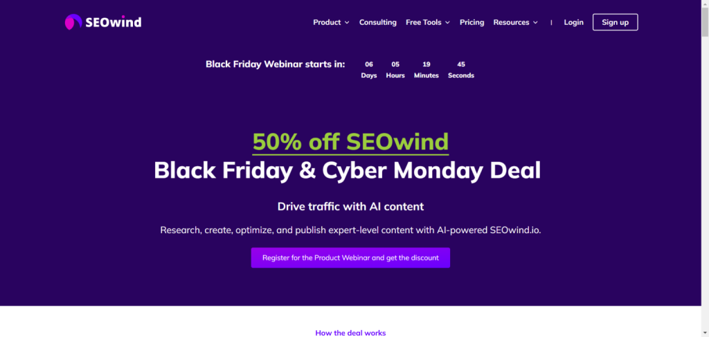 seowind ai content black friday cyber monday deal - CyberNaira SEOwind landing page showing a 50% off Black Friday and Cyber Monday deal with a webinar countdown timer and registration button.