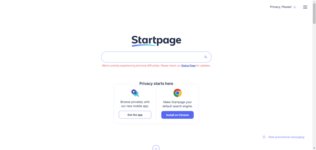 Startpage search engine homepage with a clean white interface, central search bar, and buttons to install the Chrome extension or get the mobile app.