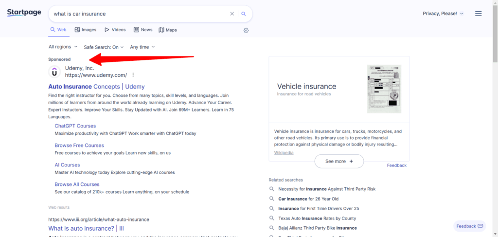Startpage search results for "what is car insurance" showing a sponsored link for Udemy and a Wikipedia knowledge panel for vehicle insurance.