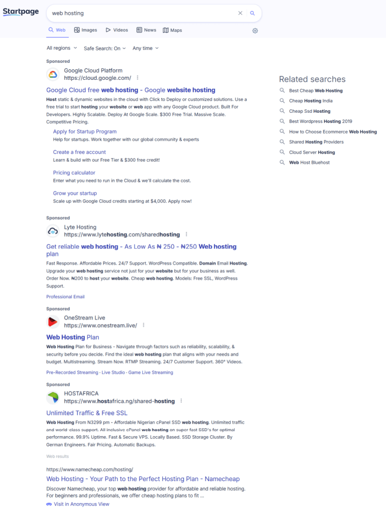 Startpage search results for "web hosting" displaying multiple sponsored ads from providers like Google Cloud Platform, Lyte Hosting, OneStream Live, and HOSTAFRICA.