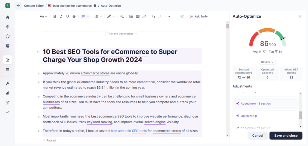 Surfer SEO content editor interface showing auto-optimization features and a content score of 86.