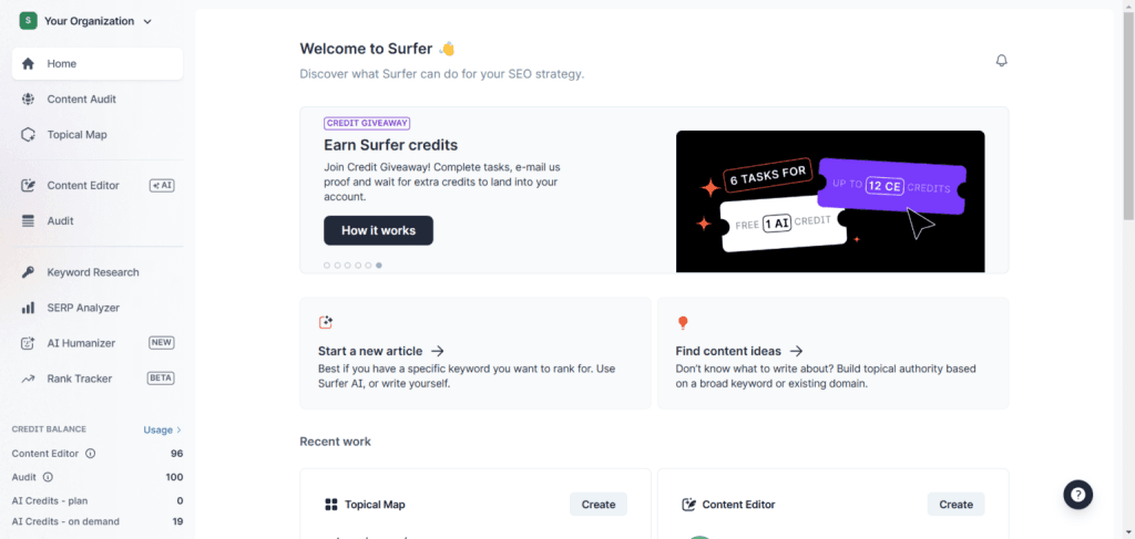 Surfer SEO dashboard showing a welcome message, credit giveaway tasks, and a navigation menu with tools like Content Editor and Keyword Research.