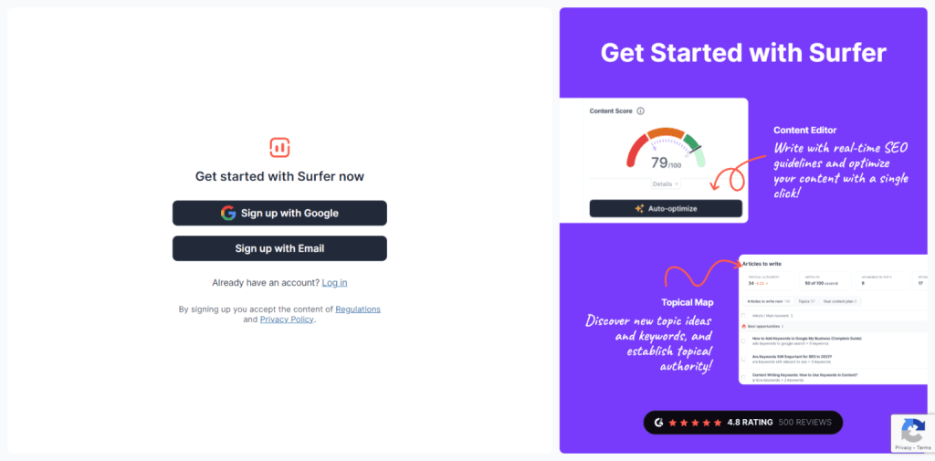 SurferSEO registration page with Google and email signup options and content editor features display.