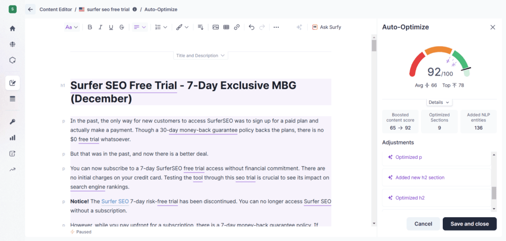 SurferSEO Content Editor interface showing a drafted article with a 92 content score and auto-optimize panel.