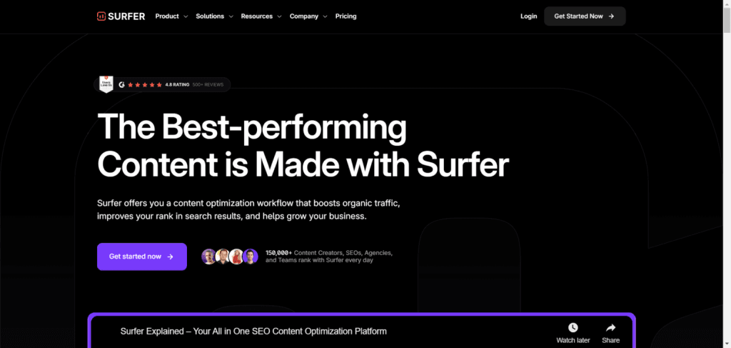 SurferSEO home page featuring a headline about high-performing content and a get started button.