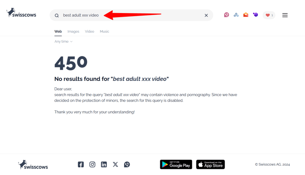 Swisscows search results page displaying a "450 No results found" message for an explicit query, with a red arrow pointing to the search bar and a notice explaining its family-friendly protection policy.