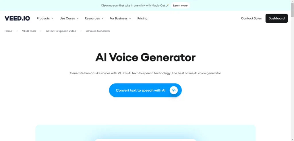 VEED.IO AI Voice Generator tool landing page with a prominent blue button labeled "Convert text to speech with AI."