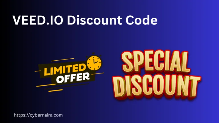 VEED.IO discount code promotion featuring limited offer and special discount text on a blue gradient background.