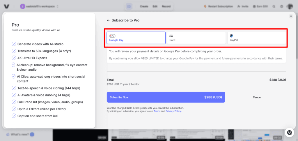 veed payment options google pay paypal card VEED payment page showing Google Pay, Card, and PayPal options for a $288 annual Pro subscription.