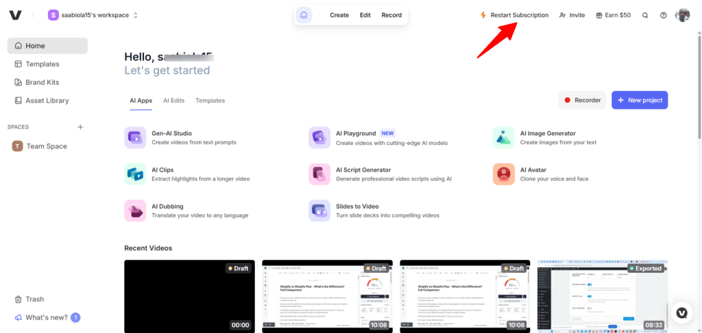 veed user workspace dashboard ai tools VEED user dashboard showing AI apps like Gen-AI Studio and AI Clips alongside recent video drafts.