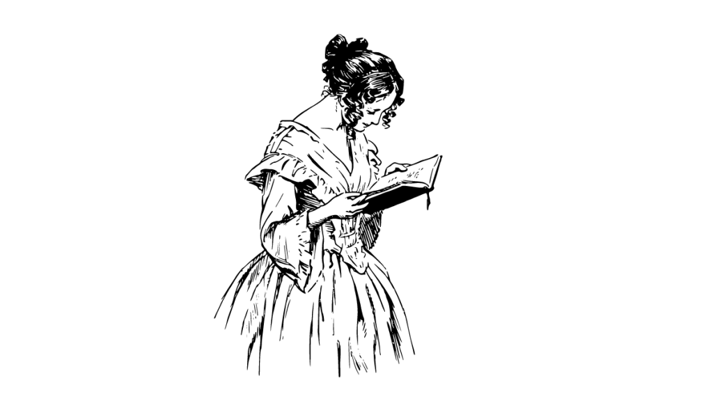 vintage sketch woman reading book - CyberNaira Black and white vintage sketch of a woman in a long dress reading a book.