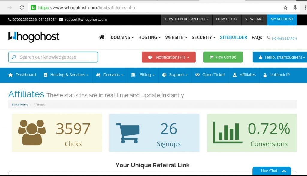 whogohost affiliate earning dashboard referral statistics - CyberNaira WhoGoHost affiliate dashboard displaying real-time statistics for clicks, signups, and conversion rates.