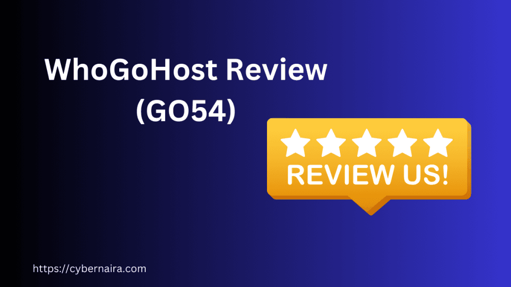 WhoGoHost review graphic with five white stars and a yellow review speech bubble on a blue background.