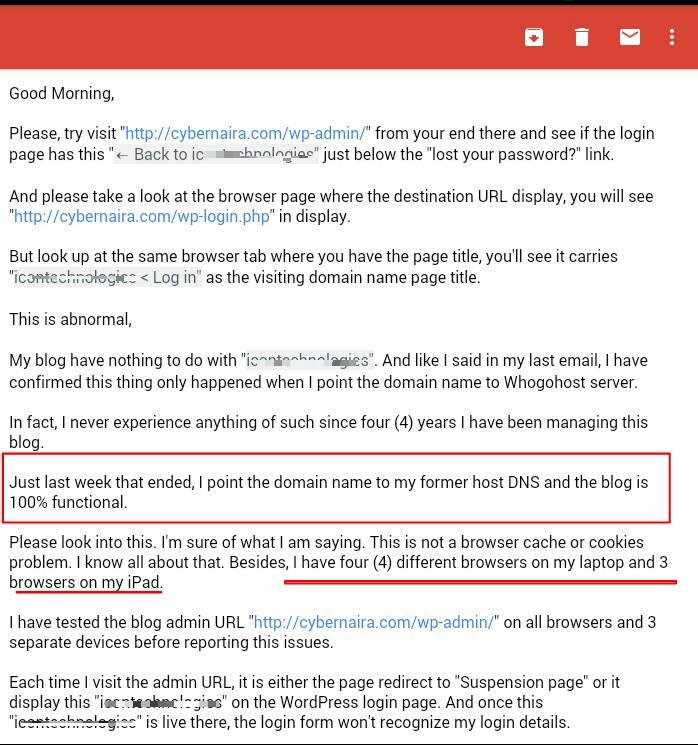 whogohost wordpress login redirect dns issue report - CyberNaira Gmail message to WhoGoHost support reporting a WordPress login redirect issue and domain pointing error.