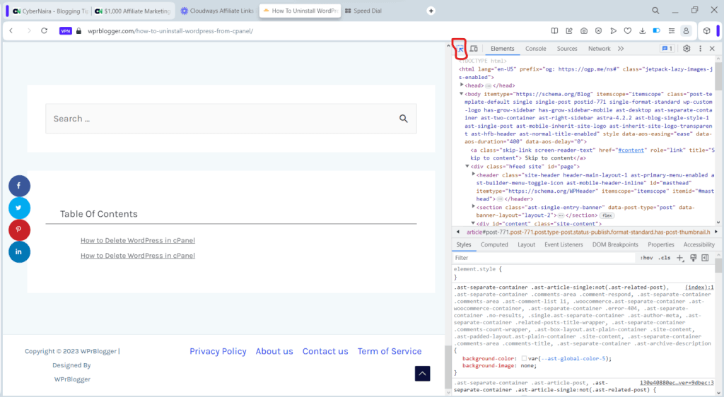 Web browser split-screen view showing a website's footer and the developer tools Elements panel with a selection tool highlighted.