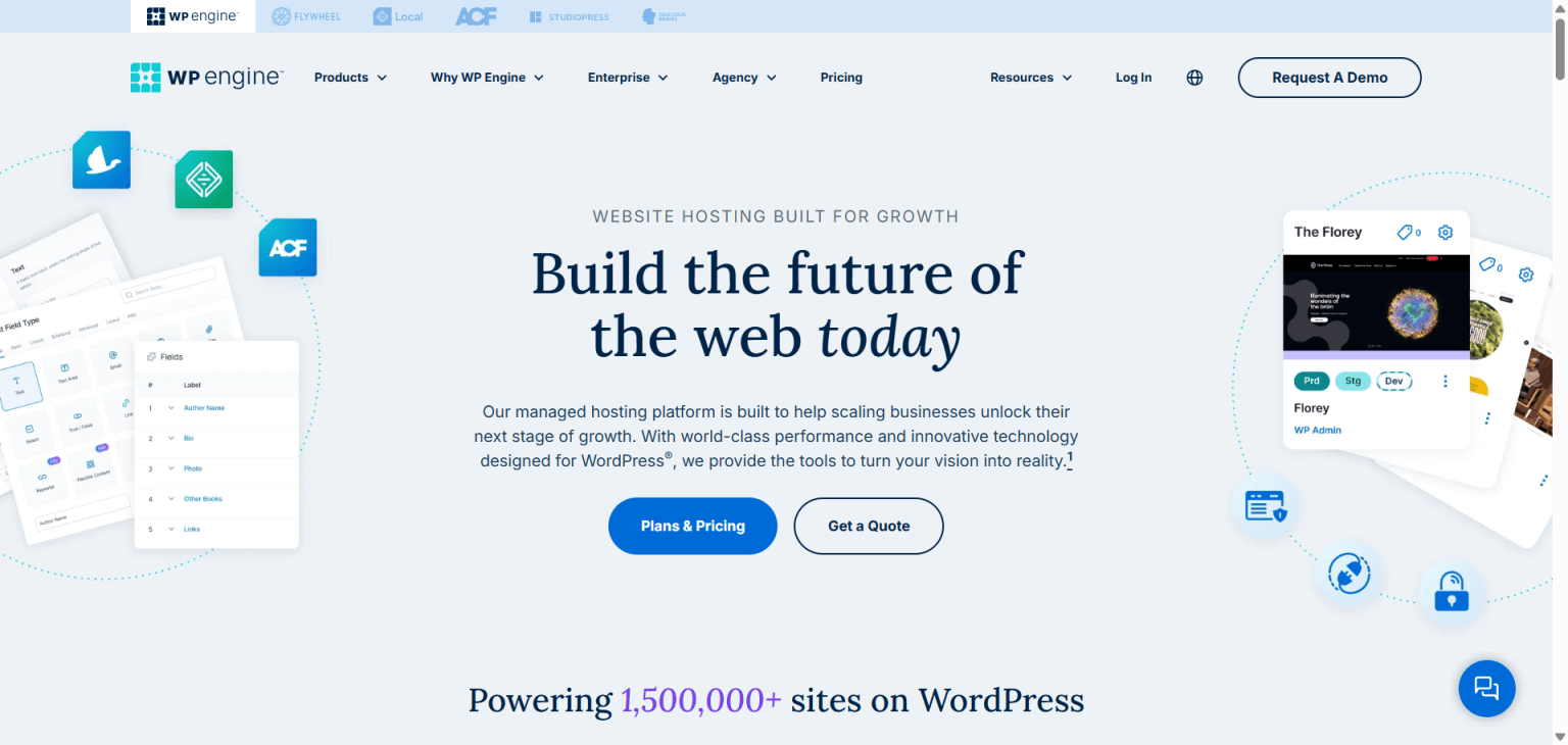 WP Engine homepage featuring "Build the future of the web today" headline and a "Plans & Pricing" blue button.