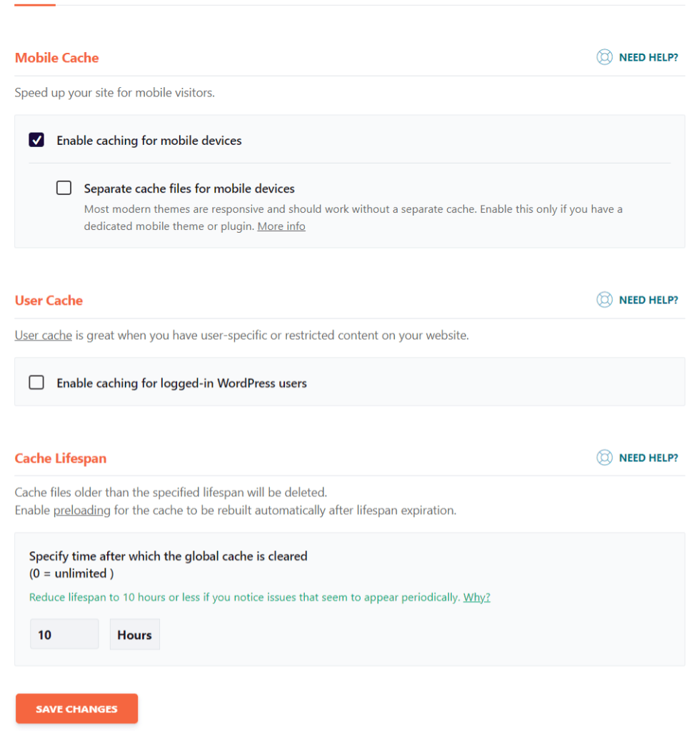 WP Rocket dashboard showing cache settings for mobile devices, logged-in users, and cache lifespan.