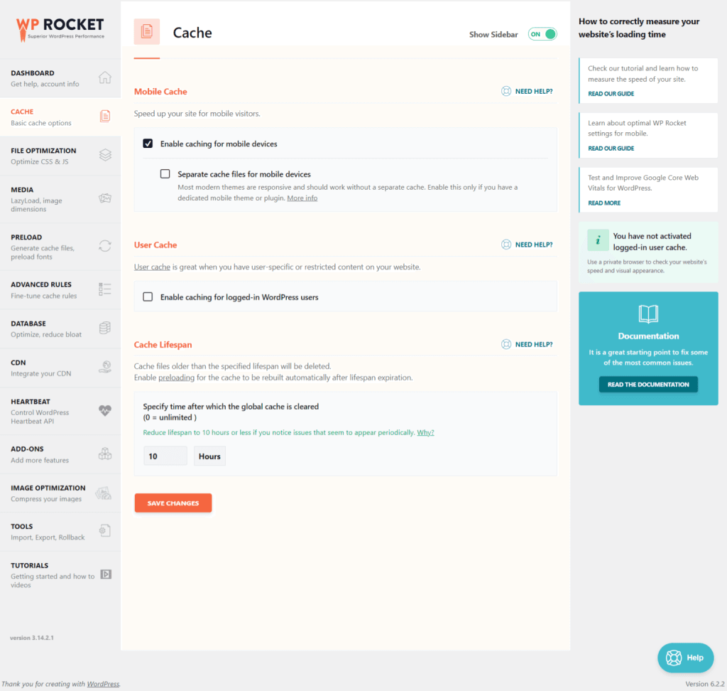 WP Rocket dashboard interface highlighting caching options for mobile, users, and lifespan settings.
