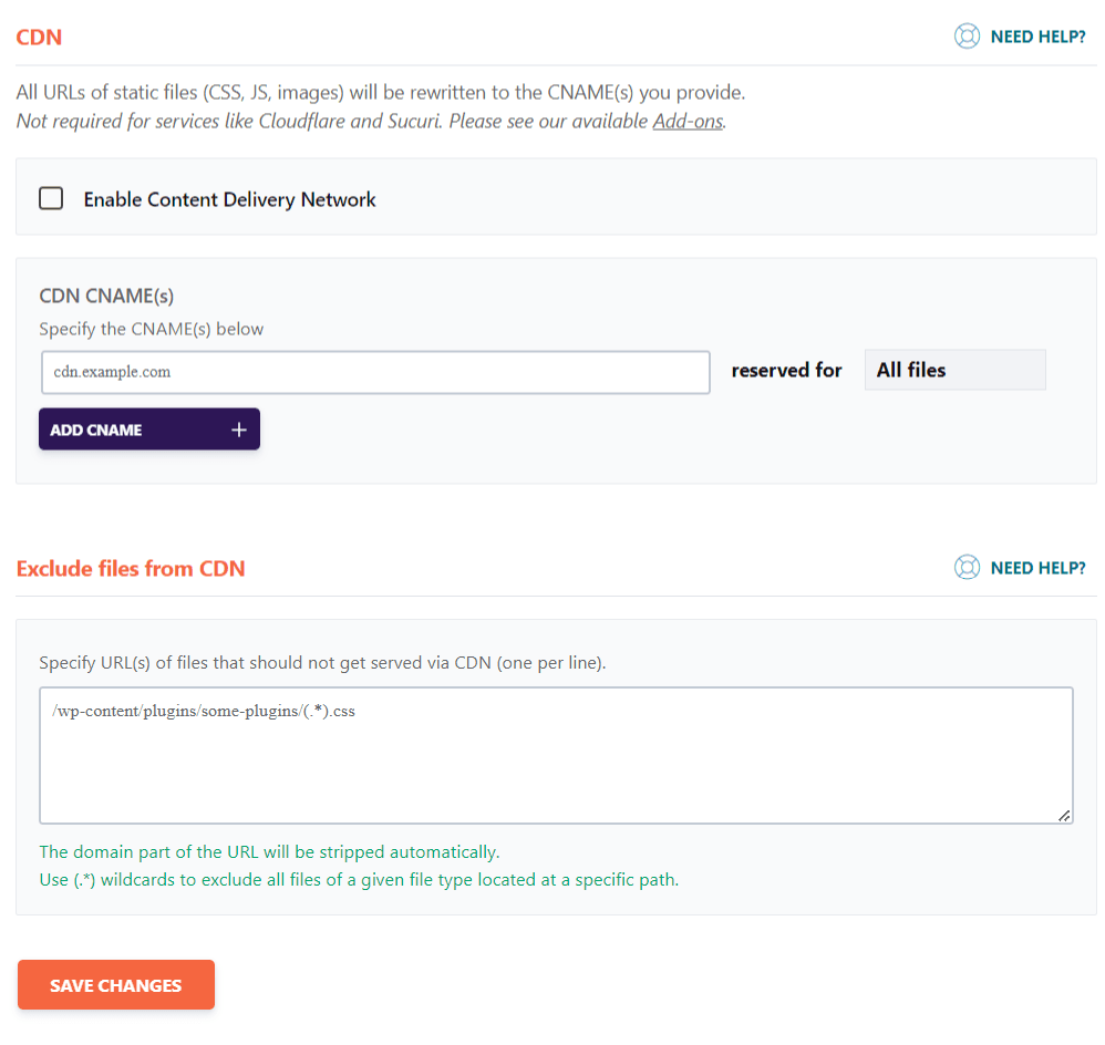 WP Rocket CDN settings dashboard showing options to enable Content Delivery Network and specify CNAME for static files.