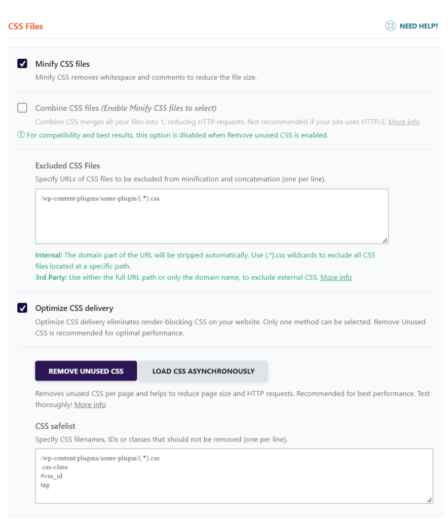 WP Rocket CSS files optimization dashboard with options to minify CSS and optimize delivery by removing unused CSS.