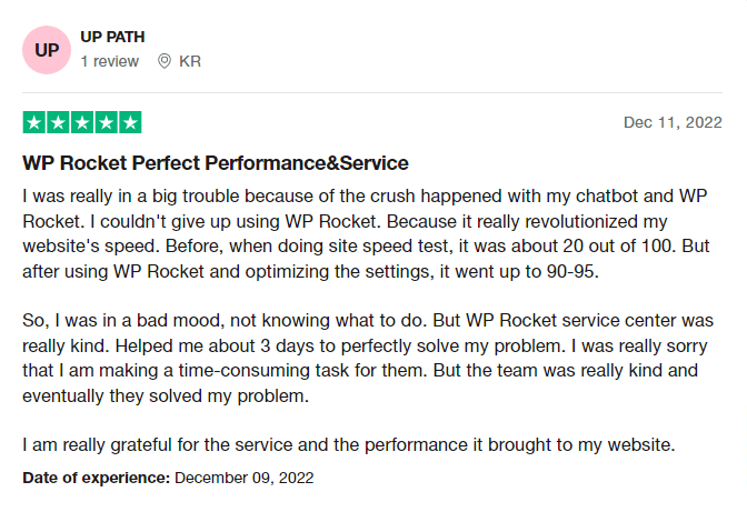 Positive Trustpilot review for WP Rocket by UP PATH highlighting a significant speed score increase and helpful customer support.